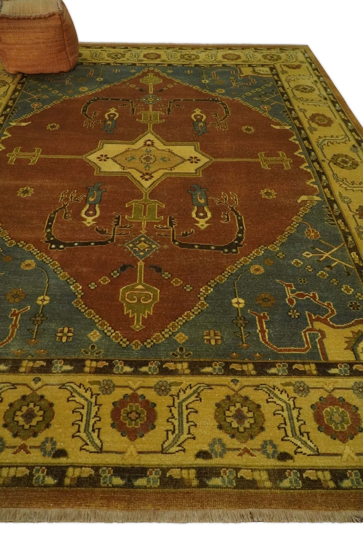 8.8x11.9 Rust, Gold and Blue Heriz Traditional Vintage Style Antique Look Hand Knotted Wool Area Rug - The Rug Decor