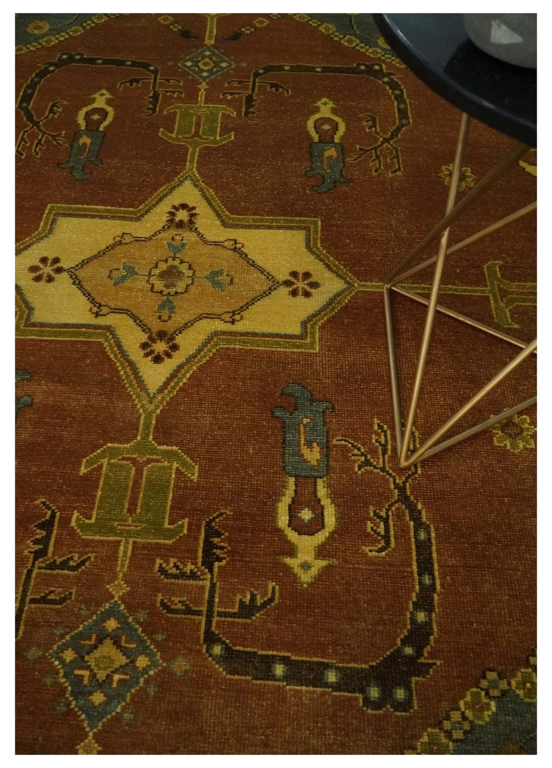 8.8x11.9 Rust, Gold and Blue Heriz Traditional Vintage Style Antique Look Hand Knotted Wool Area Rug - The Rug Decor