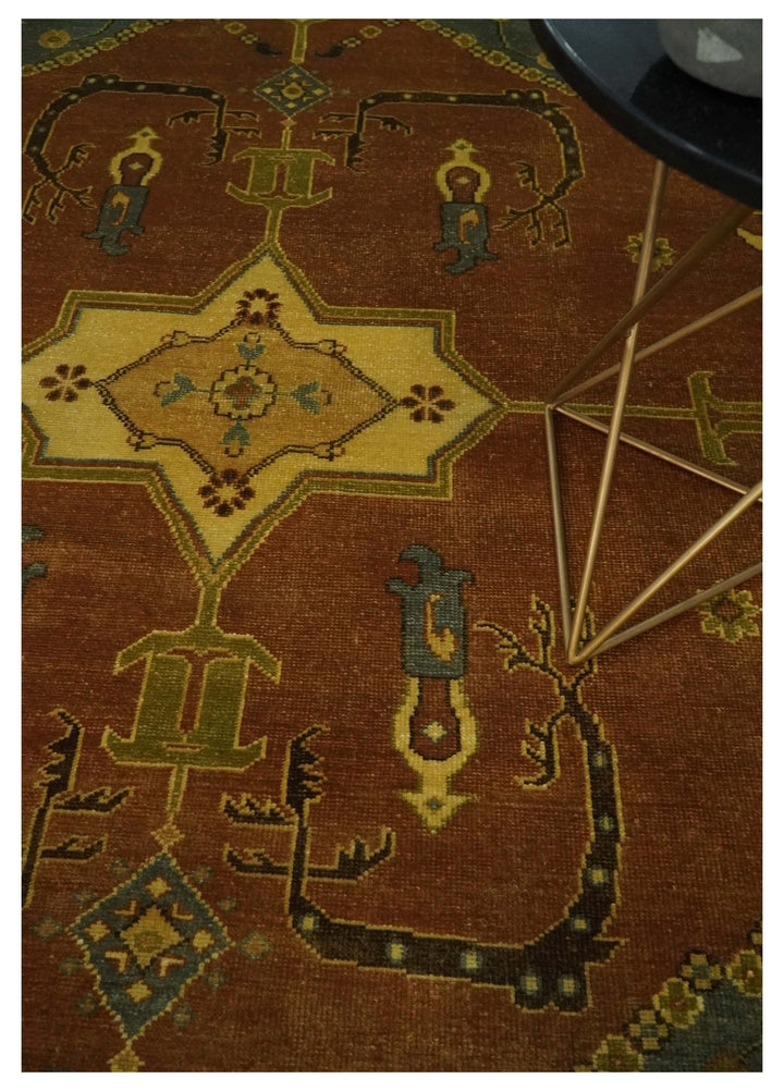 8.8x11.9 Rust, Gold and Blue Heriz Traditional Vintage Style Antique Look Hand Knotted Wool Area Rug - The Rug Decor