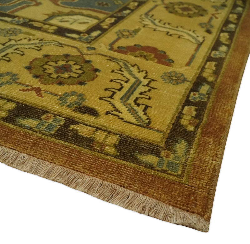8.8x11.9 Rust, Gold and Blue Heriz Traditional Vintage Style Antique Look Hand Knotted Wool Area Rug - The Rug Decor