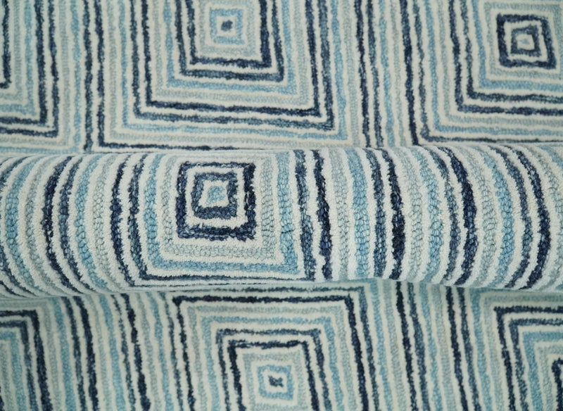 Hand Tufted Blue and Ivory Modern Geometric Diamond Multi Size Wool Area Rug