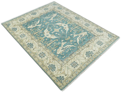8x10 Blue and Beige Hand Knotted Antique Turkish Oushak Large Wool Area Rug | TRDCP255810