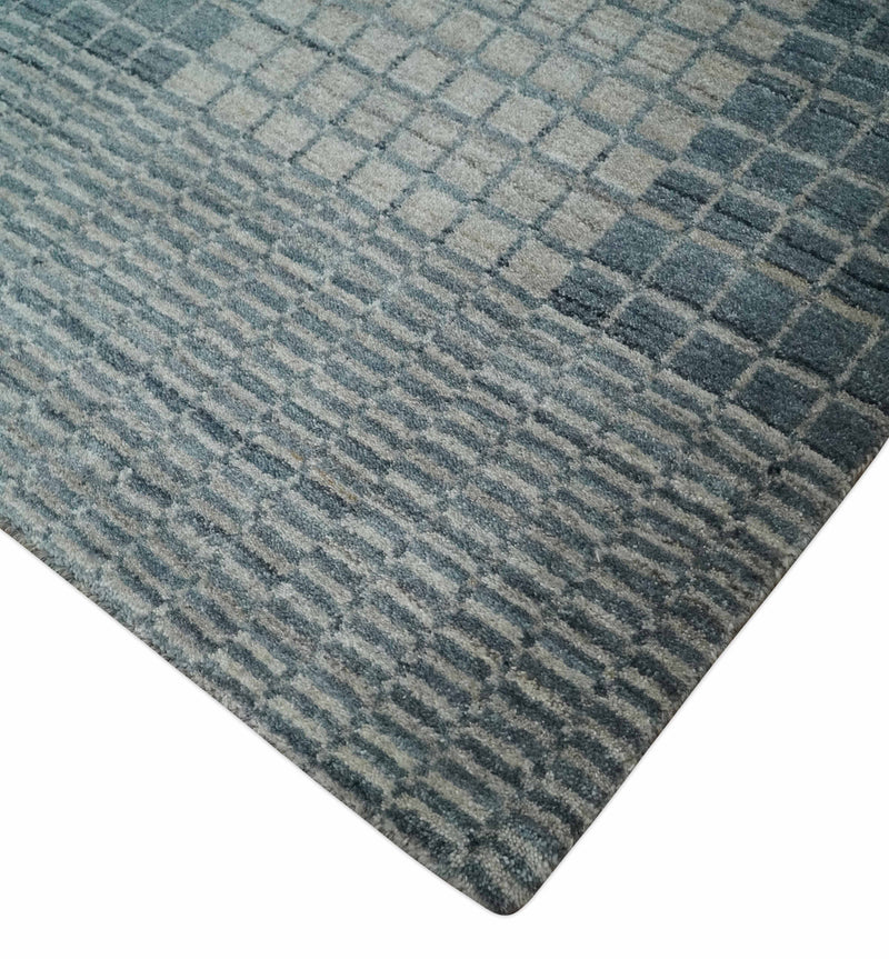 Modern Geometrical Checkered striped Hand Made 8x10 Teal and Beige Scandinavian Blended Wool Flatwoven Area Rug | KE14