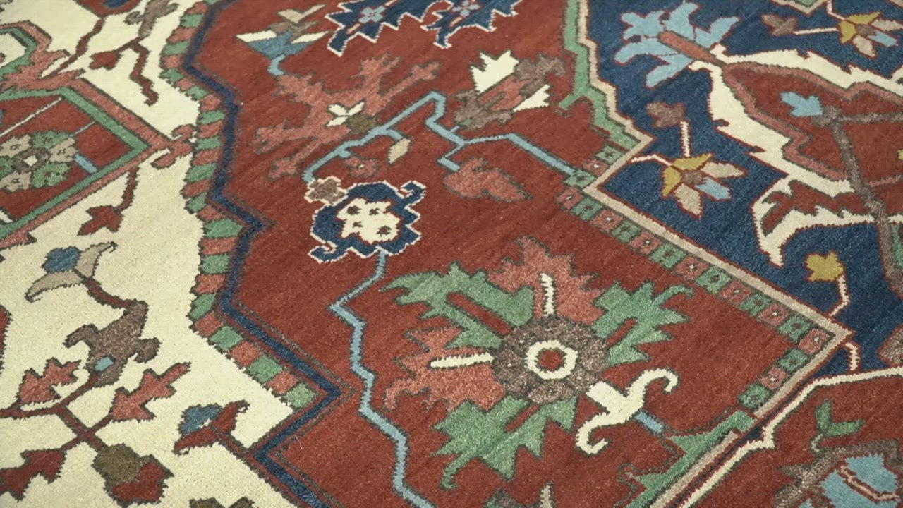 8x10 and 9x12 Fine Hand Knotted Blue, Ivory and Rust Traditional Vintage Heriz Serapi Antique Wool Rug | TRDCP470