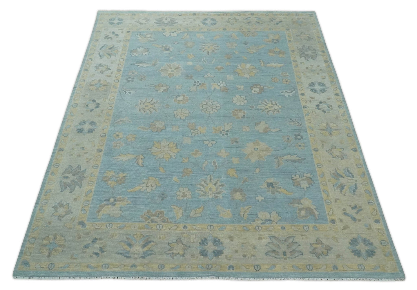 8x10, 9x12, 10x14 and 12x15 Aqua, Beige and Ivory Hand Knotted Floral Oushak Wool Rug | NT19 - The Rug Decor