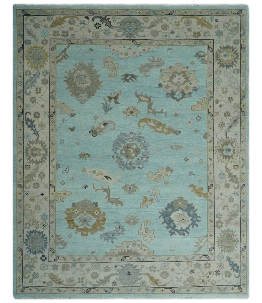 8x10, 9x12, 10x14 and 12x15 Hand Knotted aqua, Beige and Ivory Traditional Persian Oushak Wool Rug | NT21 - The Rug Decor
