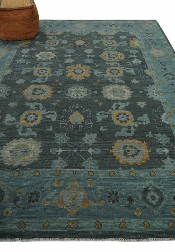 8x10, 9x12, 10x14 and 12x15 Hand Knotted Charcoal and Aqua Traditional Oushak Wool Rug | NT42 - The Rug Decor