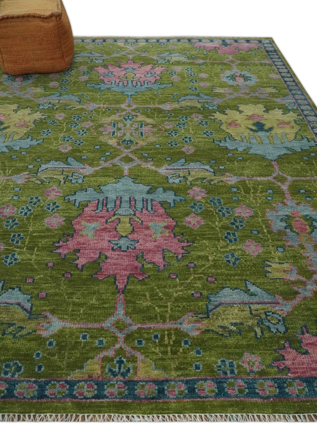 8x10, 9x12, 10x14 and 12x15 Moss Green, Blue and Peach Hand Knotted Vibrant colorful Donegal Design Wool Rug | TRDCP1491 - The Rug Decor