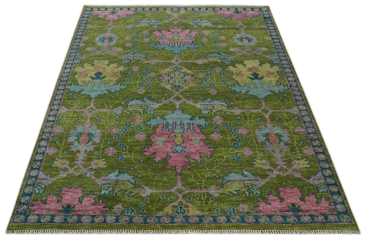 8x10, 9x12, 10x14 and 12x15 Moss Green, Blue and Peach Hand Knotted Vibrant colorful Donegal Design Wool Rug | TRDCP1491 - The Rug Decor