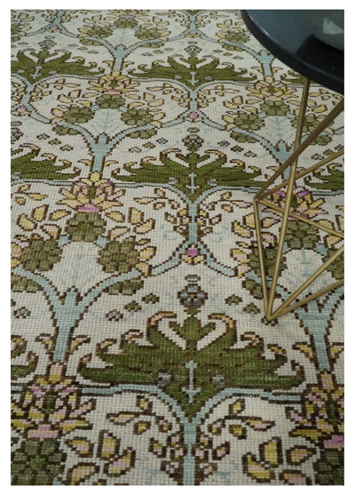 8x10, 9x12 Hand Knotted Ivory and Green Floral Traditional Antique Style Wool Area Rug - The Rug Decor