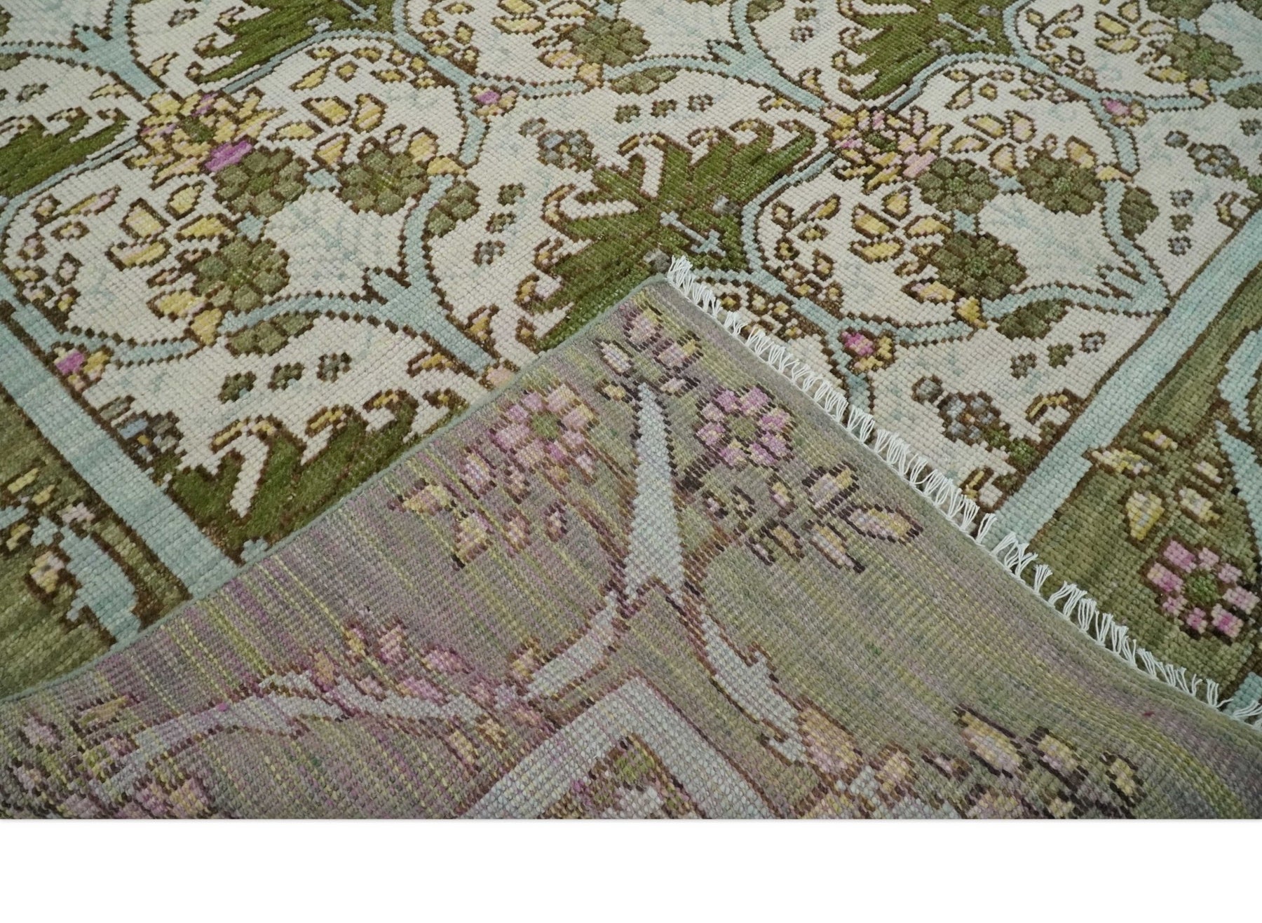 Custom Made Hand Knotted Ivory and Green Floral Traditional Antique St ...