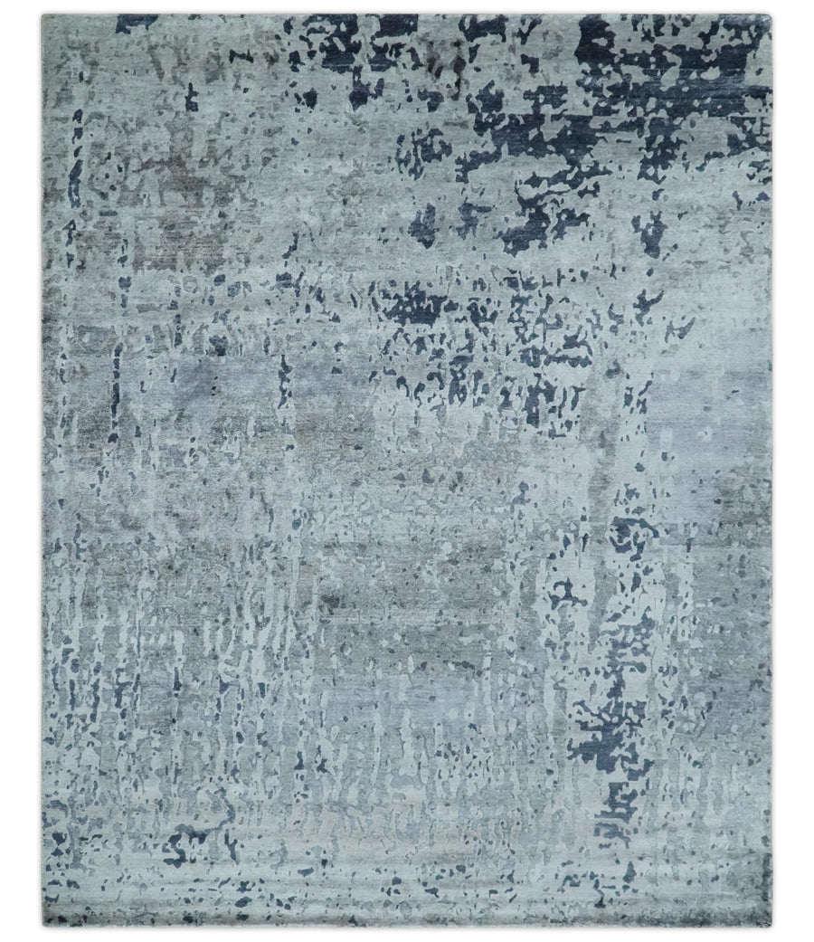 8x10 Abstract Pattern Hand knotted Silver and Blue modern Bamboo Silk Area Rug - The Rug Decor