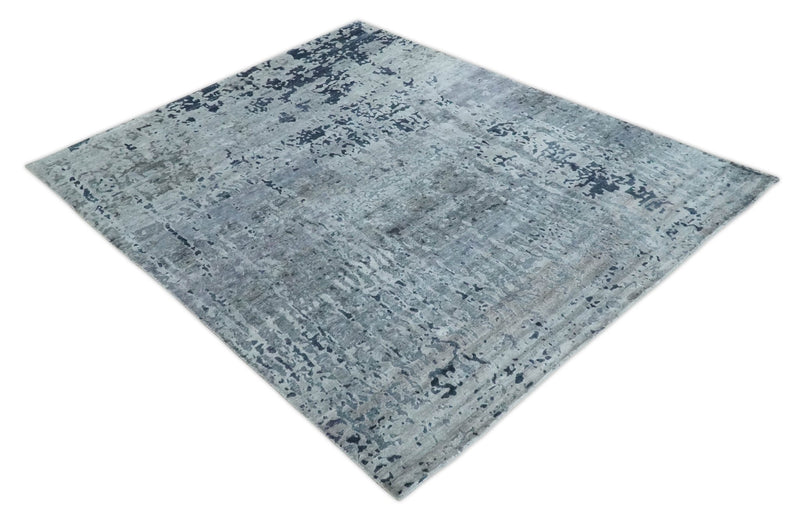 8x10 Abstract Pattern Hand knotted Silver and Blue modern Bamboo Silk Area Rug - The Rug Decor