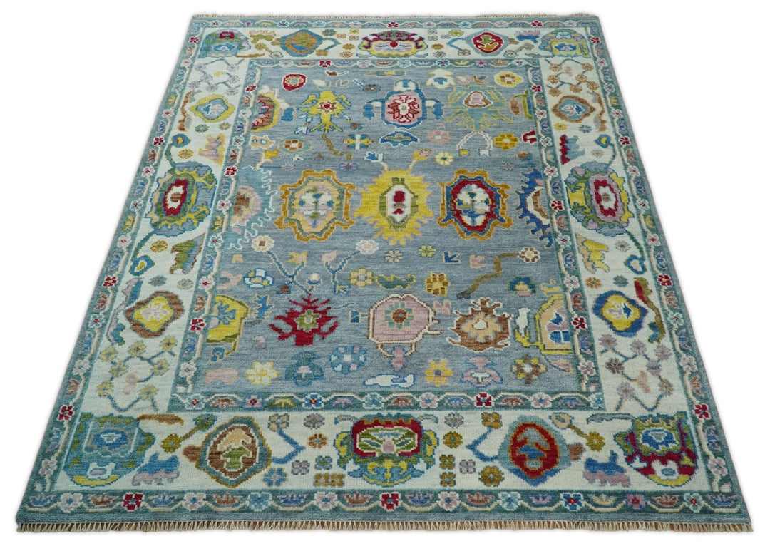 8x10 All Wool Traditional Persian Blue and Ivory Vibrant Colorful Hand knotted Oushak Area Rug | TRDCP162810 - The Rug Decor