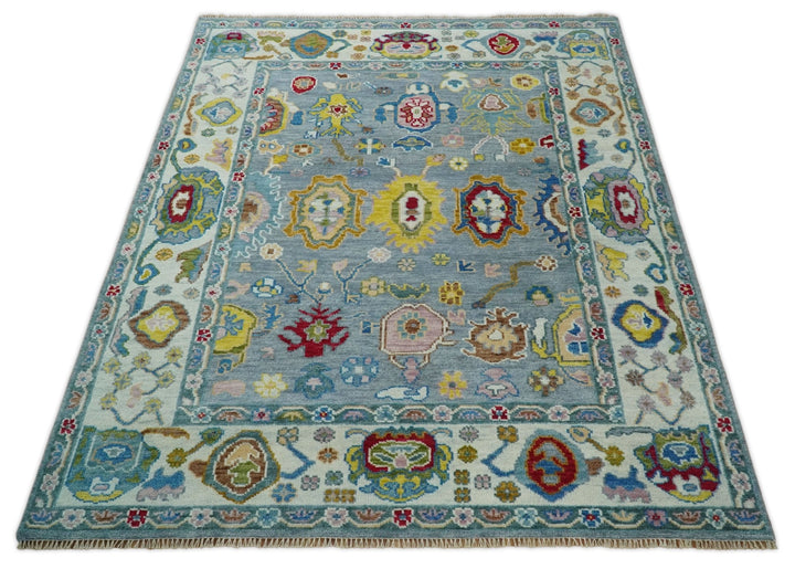 8x10 All Wool Traditional Persian Blue and Ivory Vibrant Colorful Hand knotted Oushak Area Rug | TRDCP162810 - The Rug Decor
