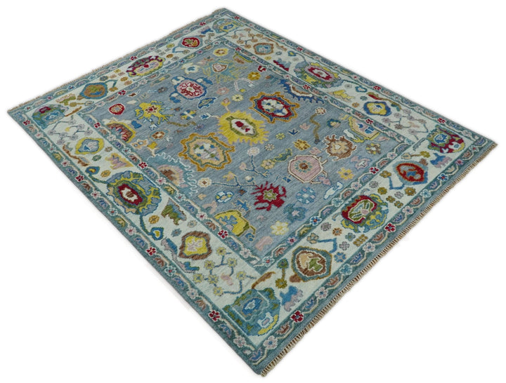 8x10 All Wool Traditional Persian Blue and Ivory Vibrant Colorful Hand knotted Oushak Area Rug | TRDCP162810 - The Rug Decor
