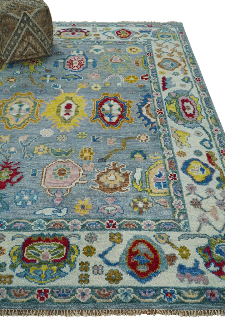 8x10 All Wool Traditional Persian Blue and Ivory Vibrant Colorful Hand knotted Oushak Area Rug | TRDCP162810 - The Rug Decor