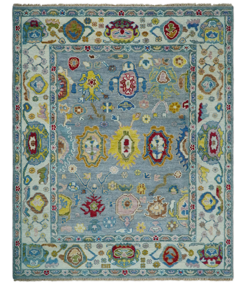 8x10 All Wool Traditional Persian Blue and Ivory Vibrant Colorful Hand knotted Oushak Area Rug | TRDCP162810 - The Rug Decor