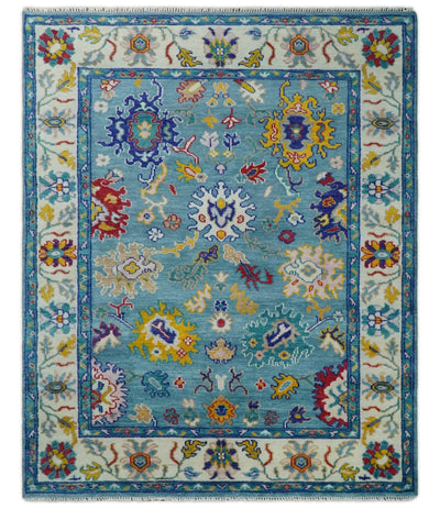 8x10 All Wool Traditional Persian Blue and Ivory Vibrant Colorful Hand knotted Oushak Area Rug | TRDCP291810 - The Rug Decor