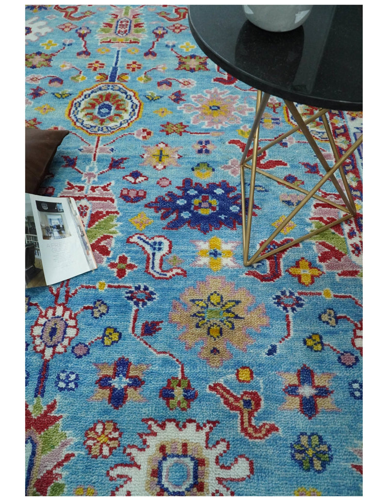 8x10 All Wool Traditional Persian Blue and Red Vibrant Colorful Hand knotted Oushak Area Rug | TRDCP163810 - The Rug Decor
