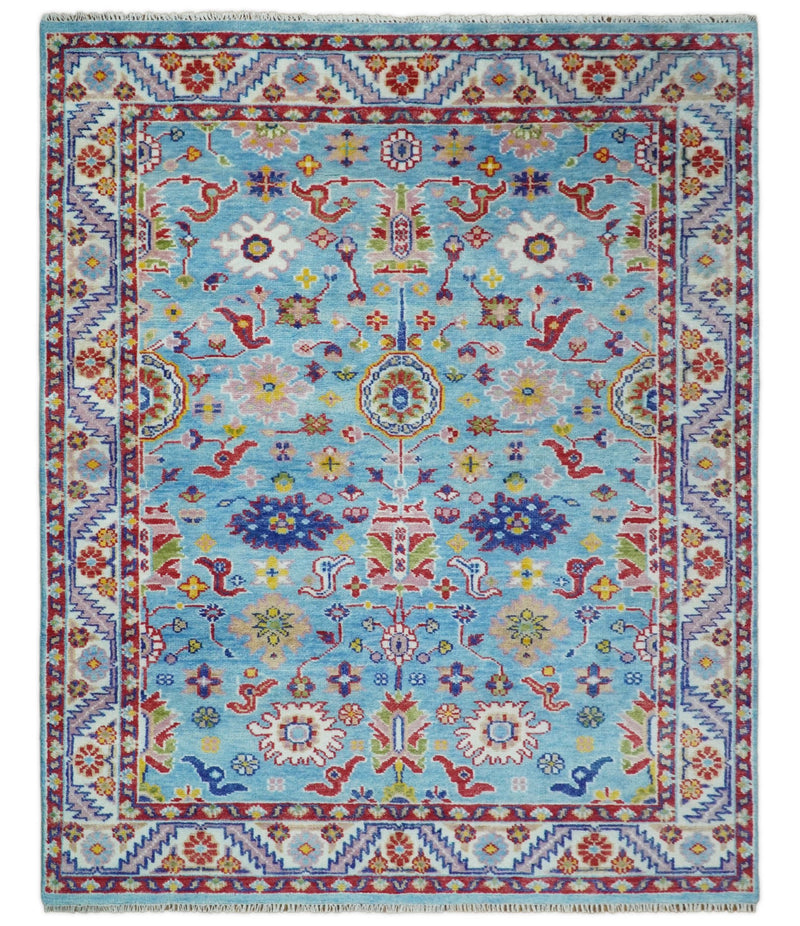 8x10 All Wool Traditional Persian Blue and Red Vibrant Colorful Hand knotted Oushak Area Rug | TRDCP163810 - The Rug Decor