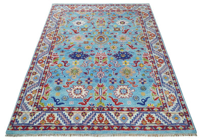 8x10 All Wool Traditional Persian Blue and Red Vibrant Colorful Hand knotted Oushak Area Rug | TRDCP163810 - The Rug Decor