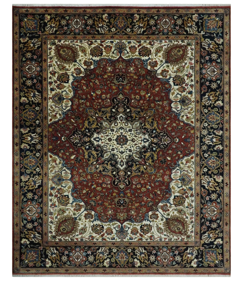 8x10 and 10x14 Fine Hand Knotted Rust, Ivory and Blue Traditional Vintage Heriz Serapi Antique Wool Rug - The Rug Decor