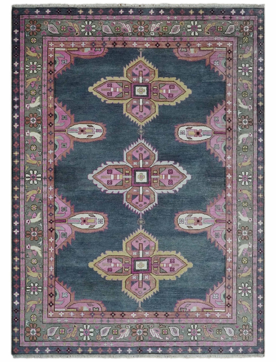 8x10 and 10x14 Hand Knotted Charcoal, Silver and Pink Traditional Wool Area Rug - The Rug Decor