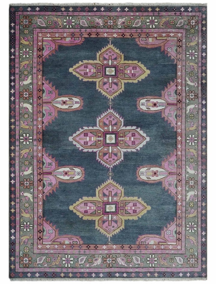 8x10 and 10x14 Hand Knotted Charcoal, Silver and Pink Traditional Wool Area Rug - The Rug Decor