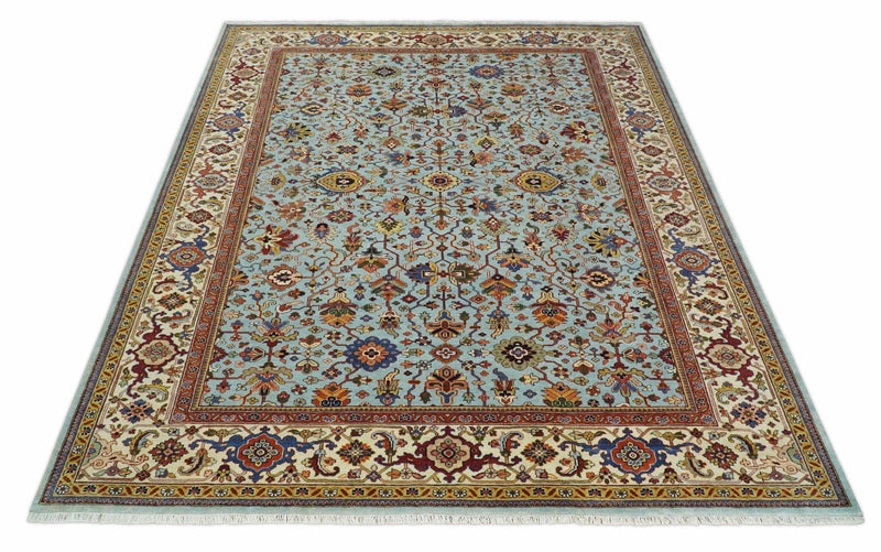 8x10 and 9x12 Fine Hand Knotted Blue and Ivory Traditional Vintage Antique Persian Wool Rug | TRDCP853 - The Rug Decor