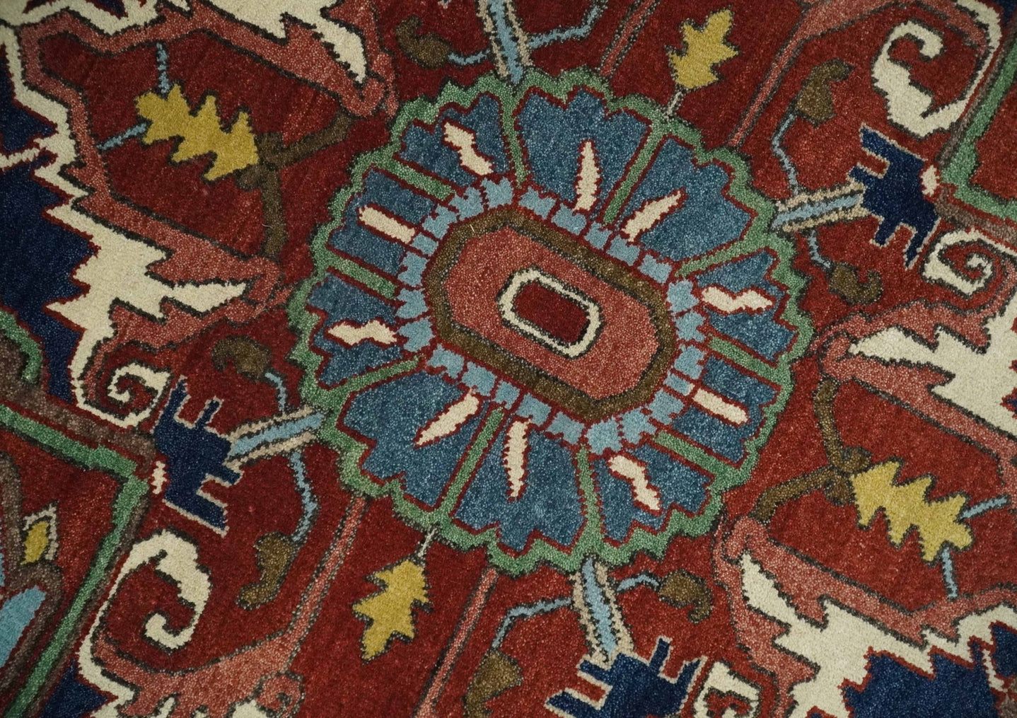 8x10 and 9x12 Fine Hand Knotted Blue, Ivory and Rust Traditional Vintage Heriz Serapi Antique Wool Rug | TRDCP470 - The Rug Decor