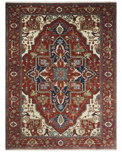 8x10 and 9x12 Fine Hand Knotted Blue, Ivory and Rust Traditional Vintage Heriz Serapi Antique Wool Rug | TRDCP470 - The Rug Decor