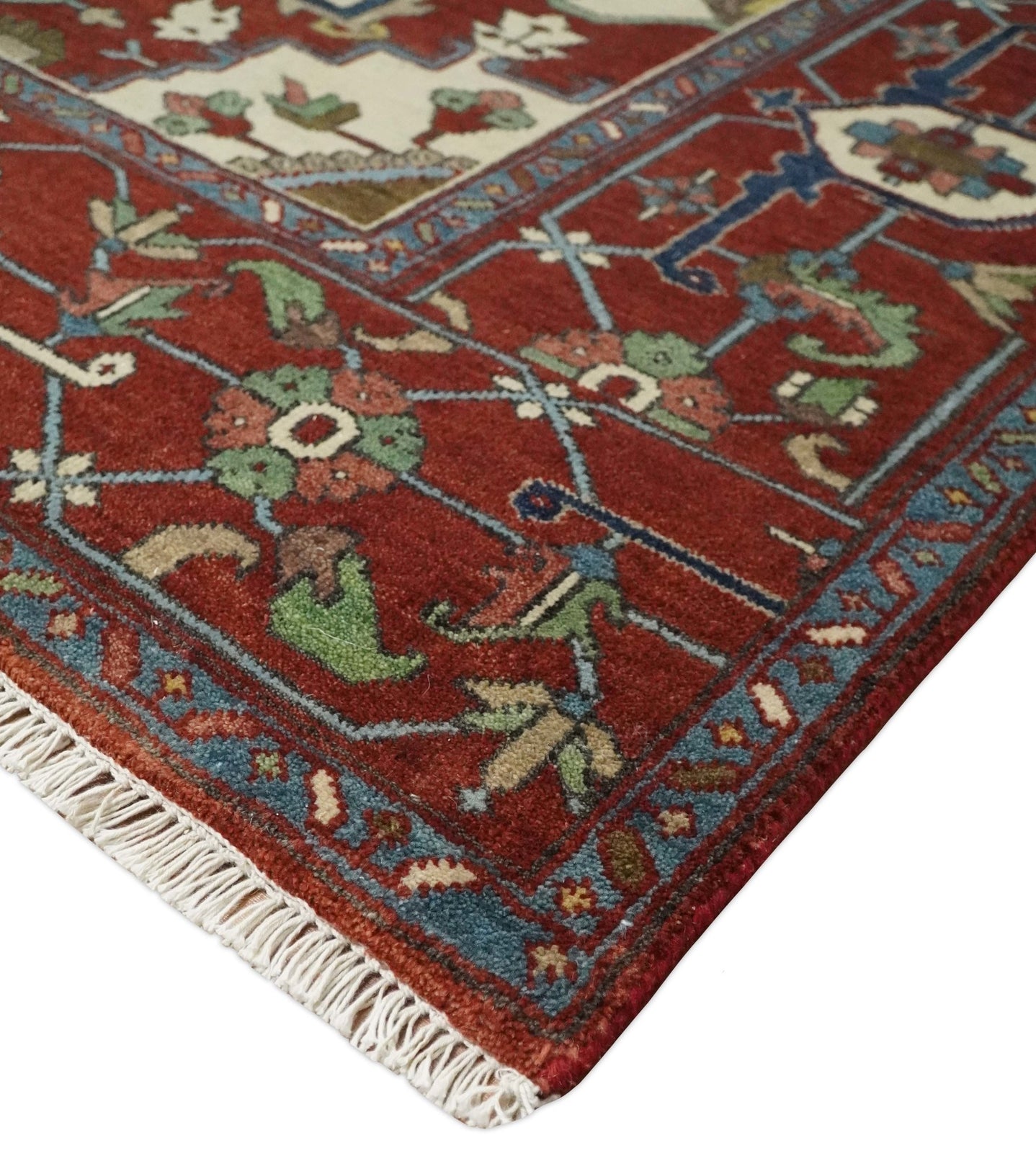 8x10 and 9x12 Fine Hand Knotted Blue, Ivory and Rust Traditional Vintage Heriz Serapi Antique Wool Rug | TRDCP470 - The Rug Decor