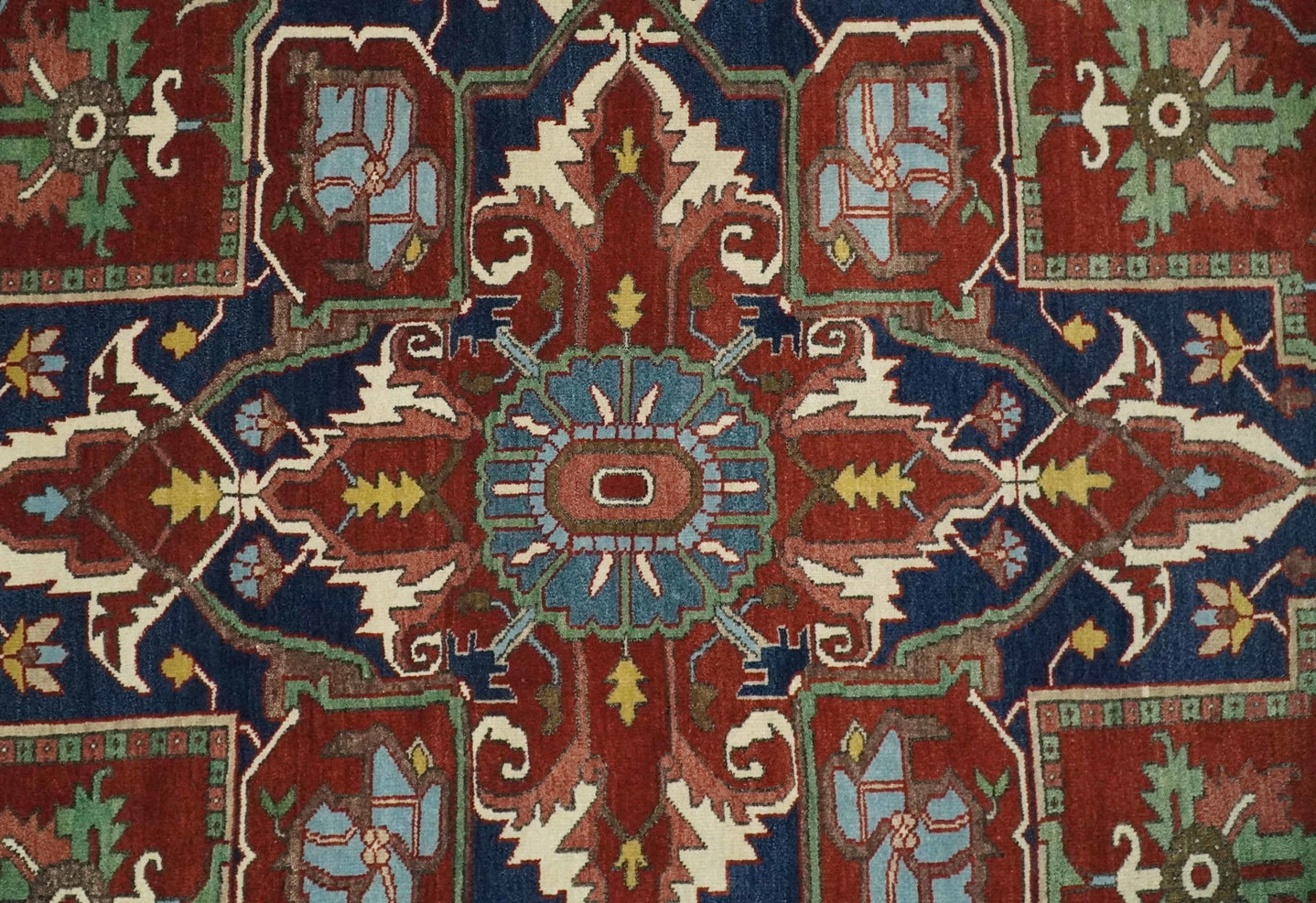 8x10 and 9x12 Fine Hand Knotted Blue, Ivory and Rust Traditional Vintage Heriz Serapi Antique Wool Rug | TRDCP470 - The Rug Decor