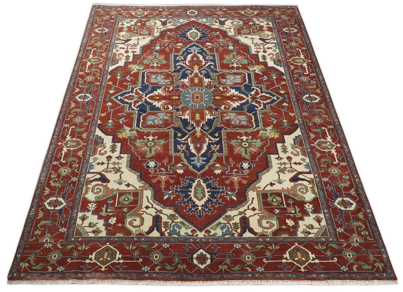 8x10 and 9x12 Fine Hand Knotted Blue, Ivory and Rust Traditional Vintage Heriz Serapi Antique Wool Rug | TRDCP470 - The Rug Decor