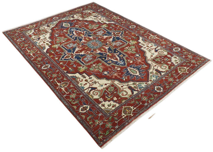 8x10 and 9x12 Fine Hand Knotted Blue, Ivory and Rust Traditional Vintage Heriz Serapi Antique Wool Rug | TRDCP470 - The Rug Decor