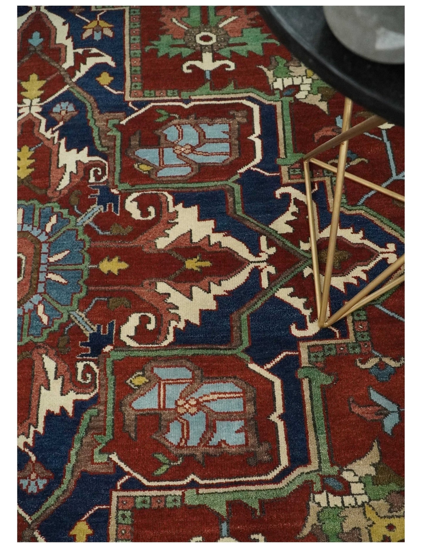 8x10 and 9x12 Fine Hand Knotted Blue, Ivory and Rust Traditional Vintage Heriz Serapi Antique Wool Rug | TRDCP470 - The Rug Decor