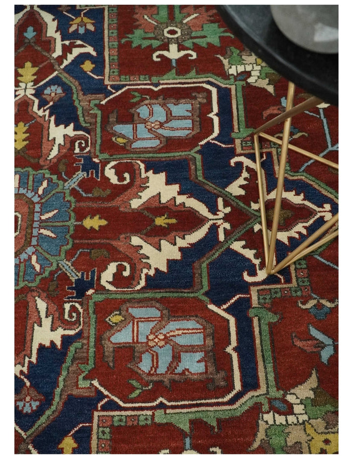 8x10 and 9x12 Fine Hand Knotted Blue, Ivory and Rust Traditional Vintage Heriz Serapi Antique Wool Rug | TRDCP470 - The Rug Decor