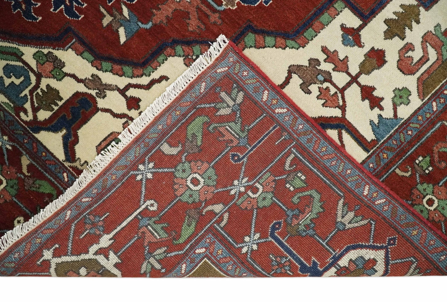 8x10 and 9x12 Fine Hand Knotted Blue, Ivory and Rust Traditional Vintage Heriz Serapi Antique Wool Rug | TRDCP470 - The Rug Decor