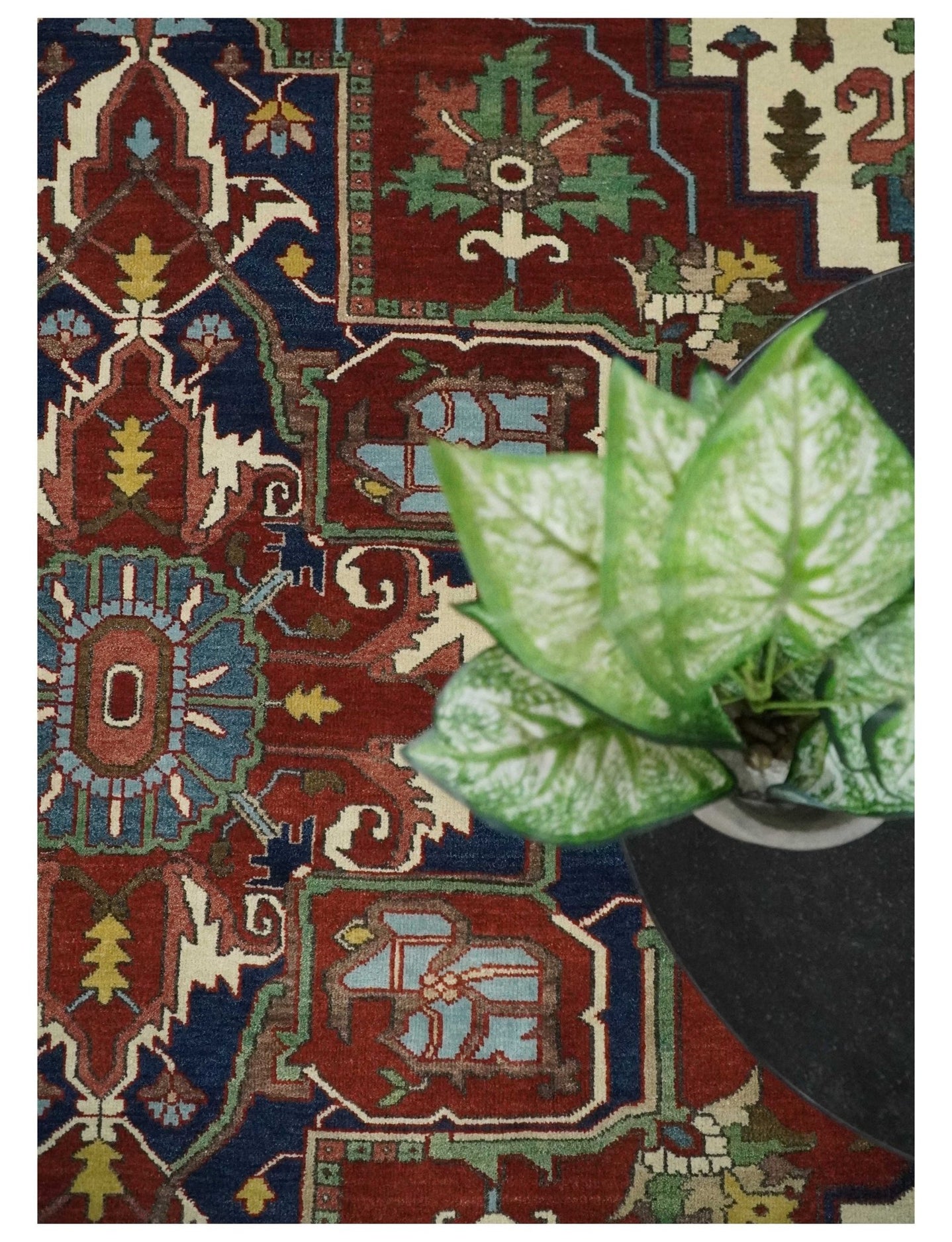 8x10 and 9x12 Fine Hand Knotted Blue, Ivory and Rust Traditional Vintage Heriz Serapi Antique Wool Rug | TRDCP470 - The Rug Decor