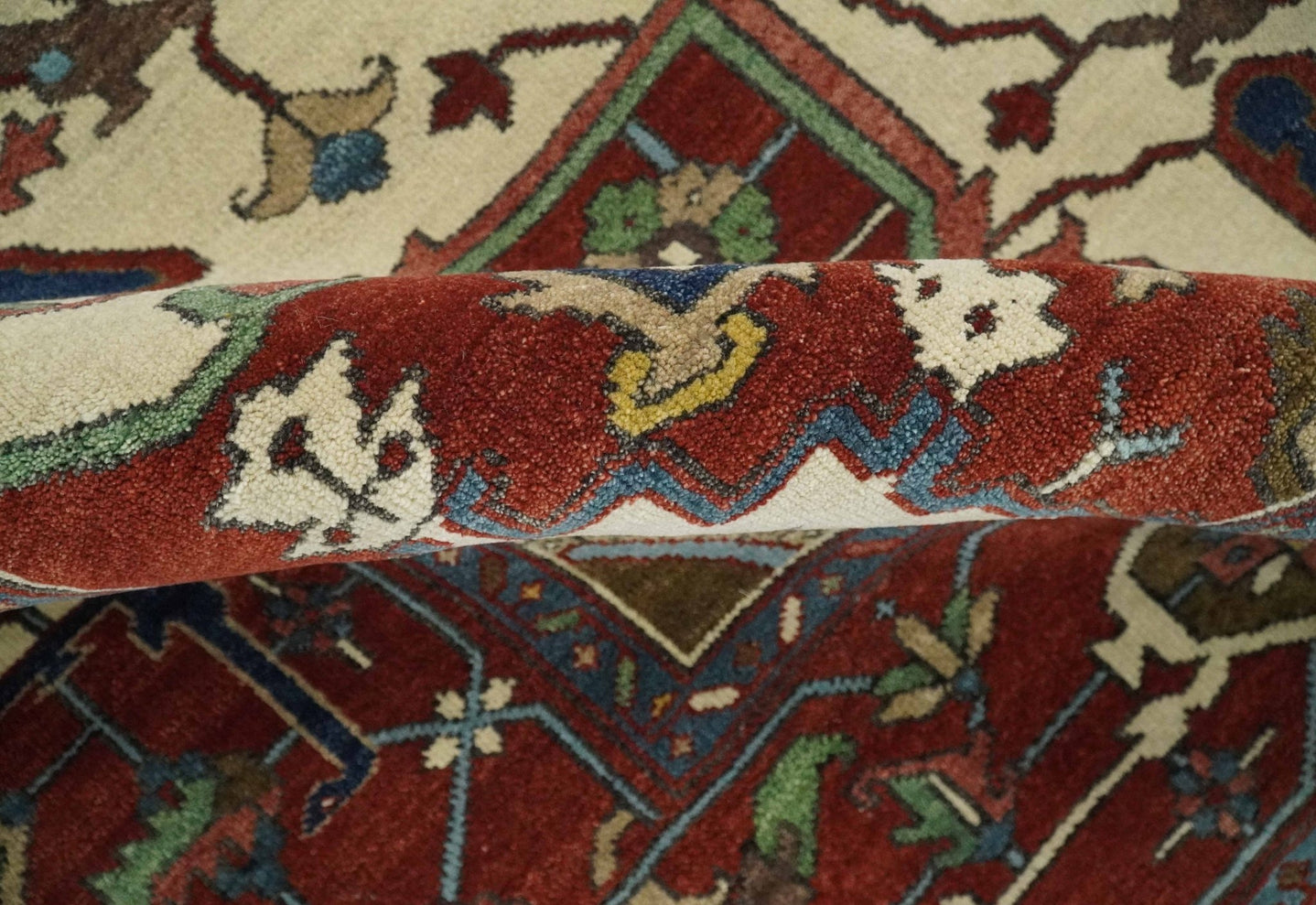 8x10 and 9x12 Fine Hand Knotted Blue, Ivory and Rust Traditional Vintage Heriz Serapi Antique Wool Rug | TRDCP470 - The Rug Decor