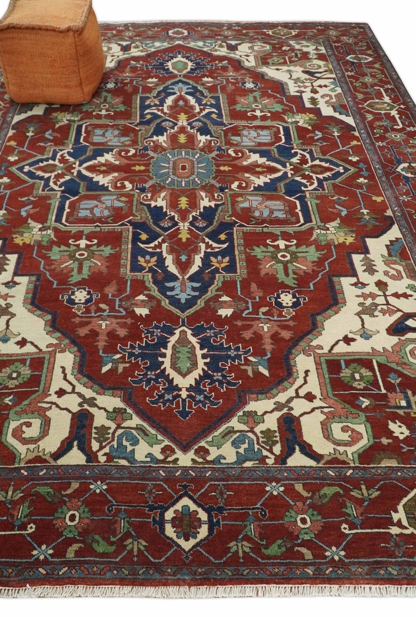 8x10 and 9x12 Fine Hand Knotted Blue, Ivory and Rust Traditional Vintage Heriz Serapi Antique Wool Rug | TRDCP470 - The Rug Decor