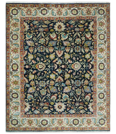 8x10 and 9x12 Fine Hand Knotted Navy Blue and Beige Traditional Vintage Persian Mashad Antique Wool Rug | TRDCP432 - The Rug Decor