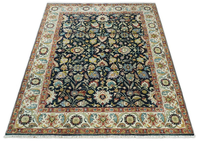 8x10 and 9x12 Fine Hand Knotted Navy Blue and Beige Traditional Vintage Persian Mashad Antique Wool Rug | TRDCP432 - The Rug Decor