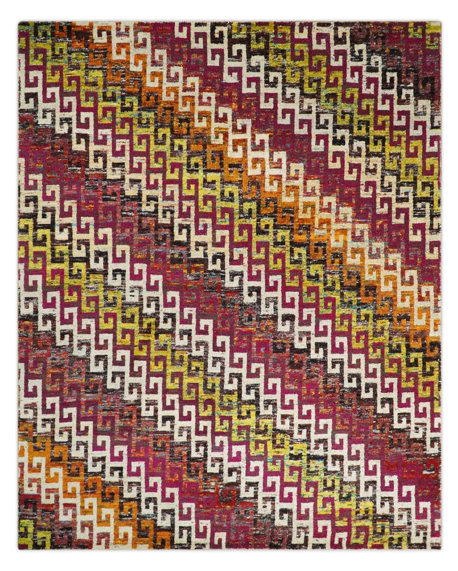 8x10 and 9x12 Hand Knotted Multicolor Modern Contemporary Southwestern Tribal Trellis Recycled Silk Area Rug | OP9 - The Rug Decor