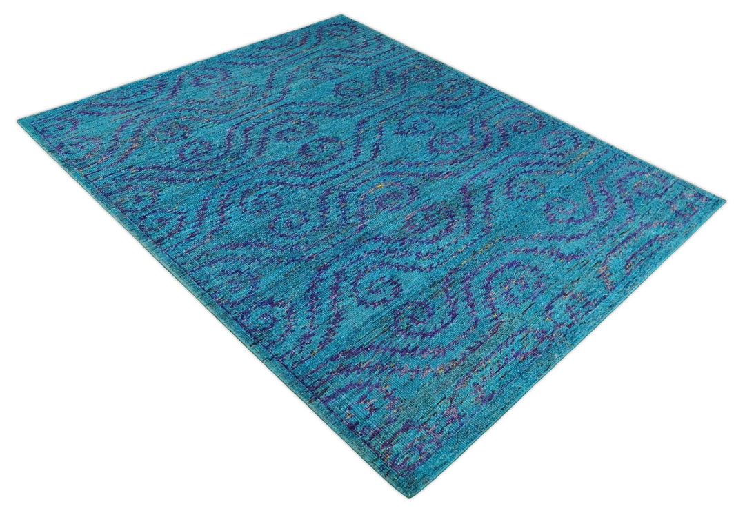 8x10 and 9x12 Hand Knotted Teal Blue and Violet Modern Contemporary Southwestern Tribal Trellis Recycled Silk Area Rug | OP10 - The Rug Decor