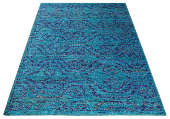 8x10 and 9x12 Hand Knotted Teal Blue and Violet Modern Contemporary Southwestern Tribal Trellis Recycled Silk Area Rug | OP10 - The Rug Decor