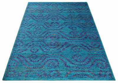 8x10 and 9x12 Hand Knotted Teal Blue and Violet Modern Contemporary Southwestern Tribal Trellis Recycled Silk Area Rug | OP10 - The Rug Decor