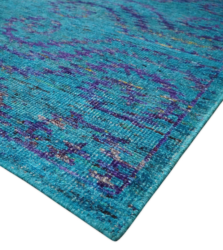 8x10 and 9x12 Hand Knotted Teal Blue and Violet Modern Contemporary Southwestern Tribal Trellis Recycled Silk Area Rug | OP10 - The Rug Decor