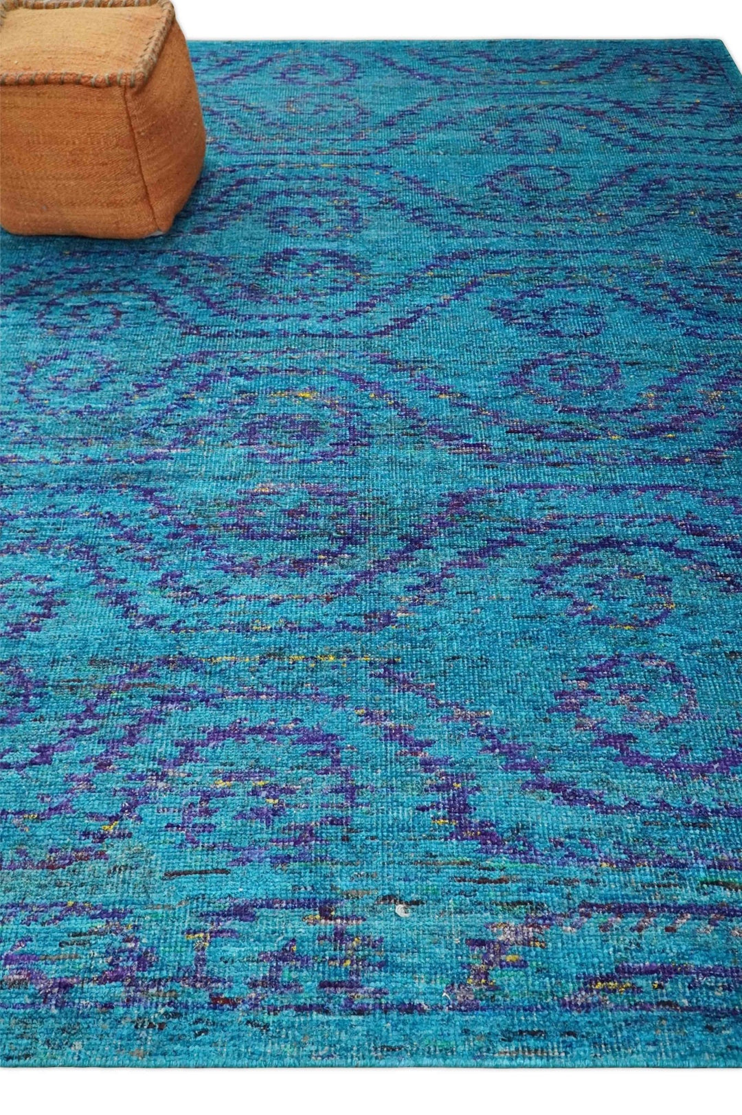 8x10 and 9x12 Hand Knotted Teal Blue and Violet Modern Contemporary Southwestern Tribal Trellis Recycled Silk Area Rug | OP10 - The Rug Decor